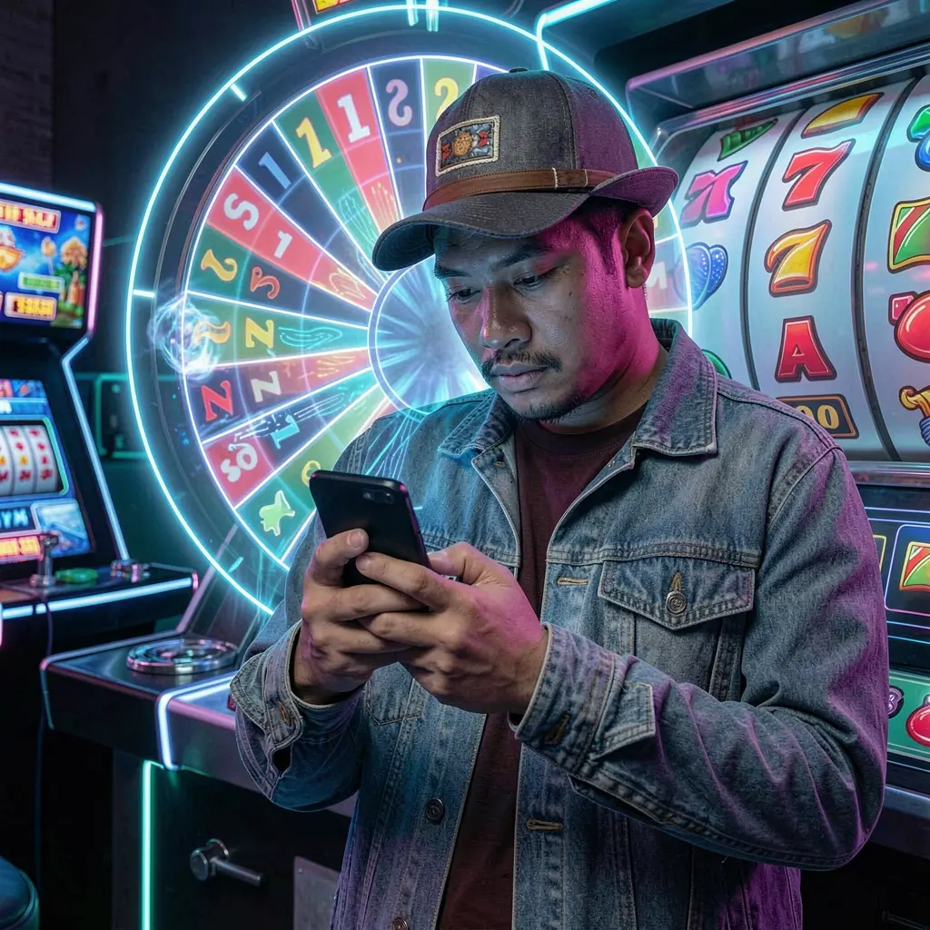 BONUSJL App – A modern and immersive mobile casino experience for players in the Philippines Confident Filipino man using the BONUSJL casino app with a glowing roulette wheel and slot symbols behind him representing futuristic mobile gaming in the Philippines