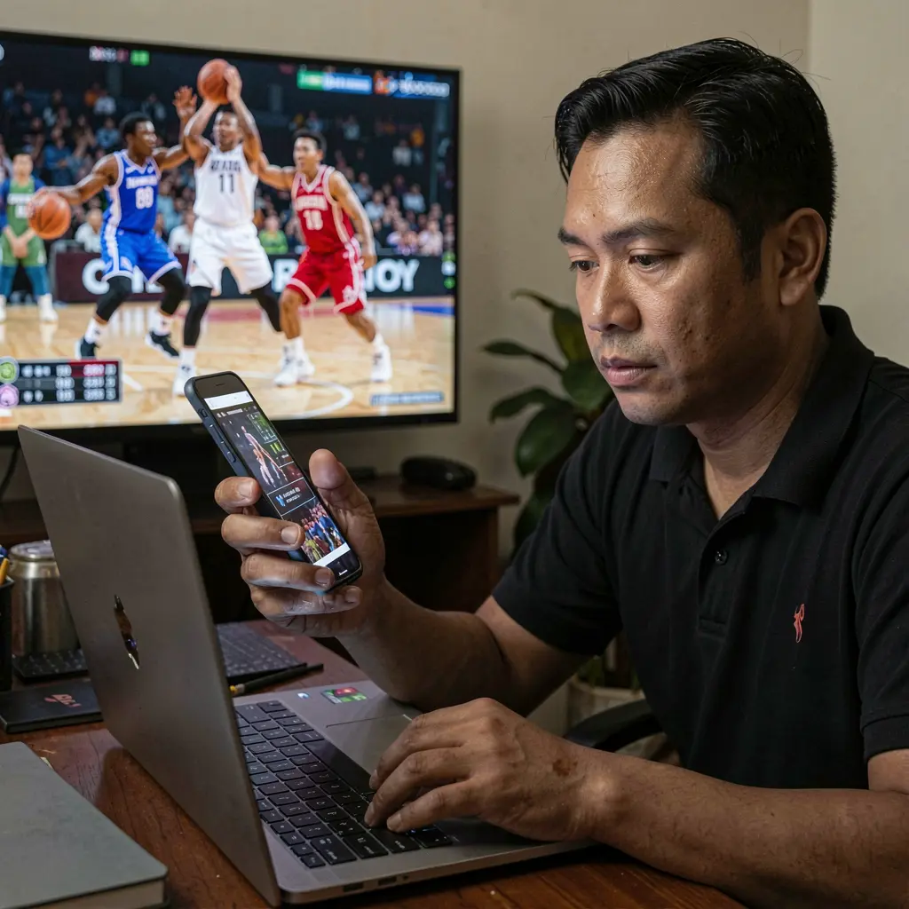 BONUSJL – Place smart sports bets online with ease in the Philippines Confident Filipino bettor using a laptop and smartphone to place online bets through BONUSJL while following live basketball highlights