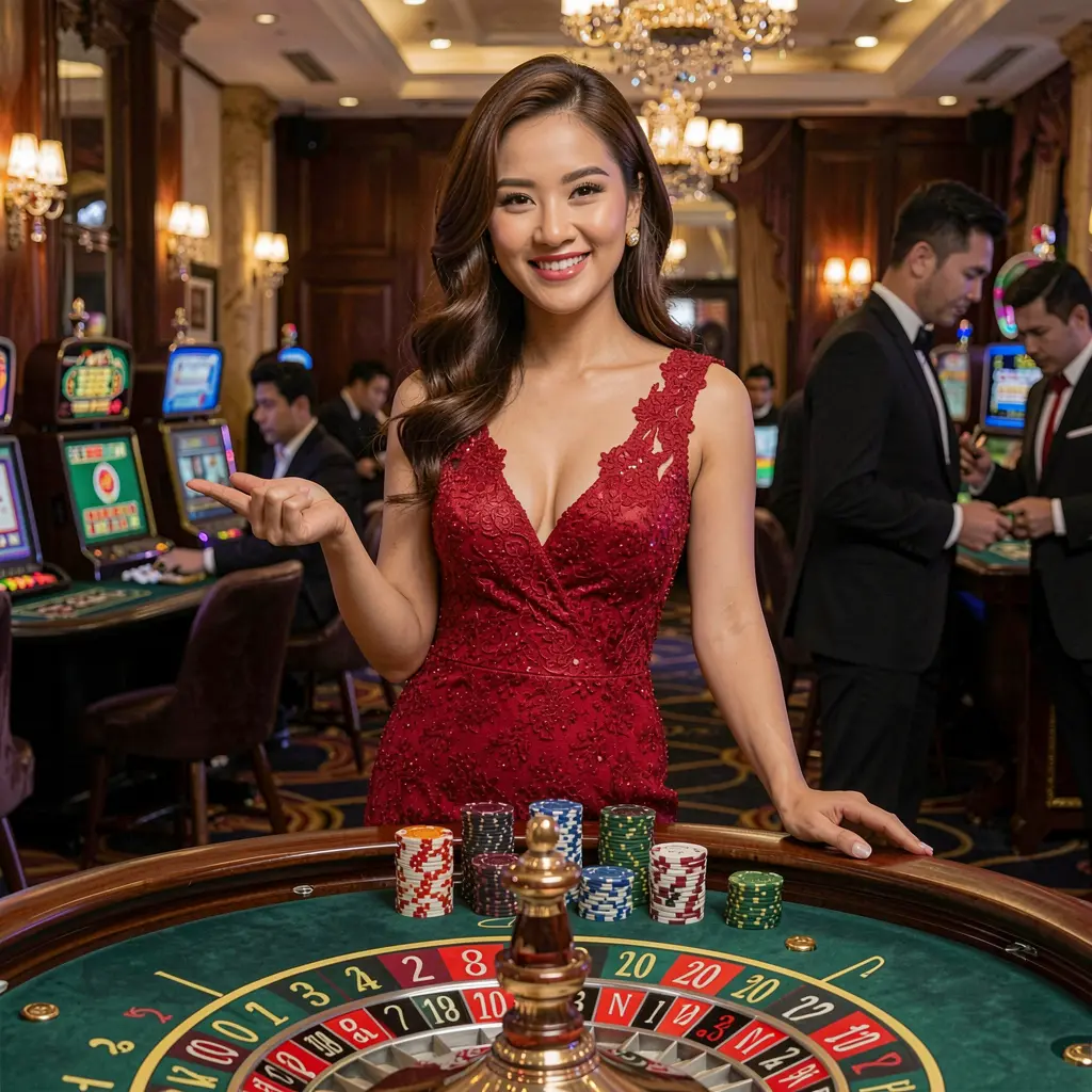 BONUSJL – Experience stylish live roulette action made for Filipino players Elegant live casino dealer in a glamorous dress presenting a roulette table in a luxury studio atmosphere on BONUSJL for players in the Philippines