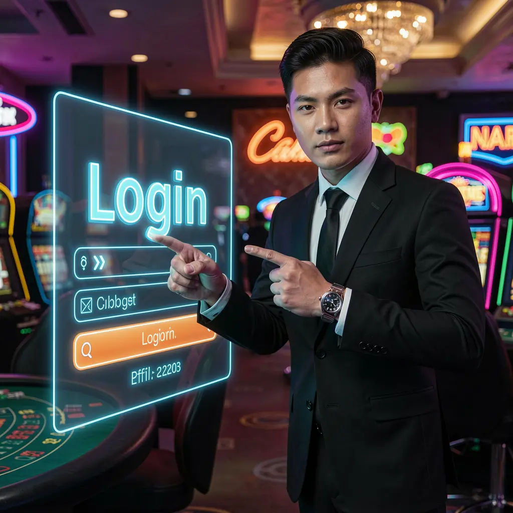 BONUSJL Login – Secure and smooth entry to your casino account in the Philippines Professional Filipino casino host pointing at a glowing login interface inside a modern digital casino environment at BONUSJL Philippines