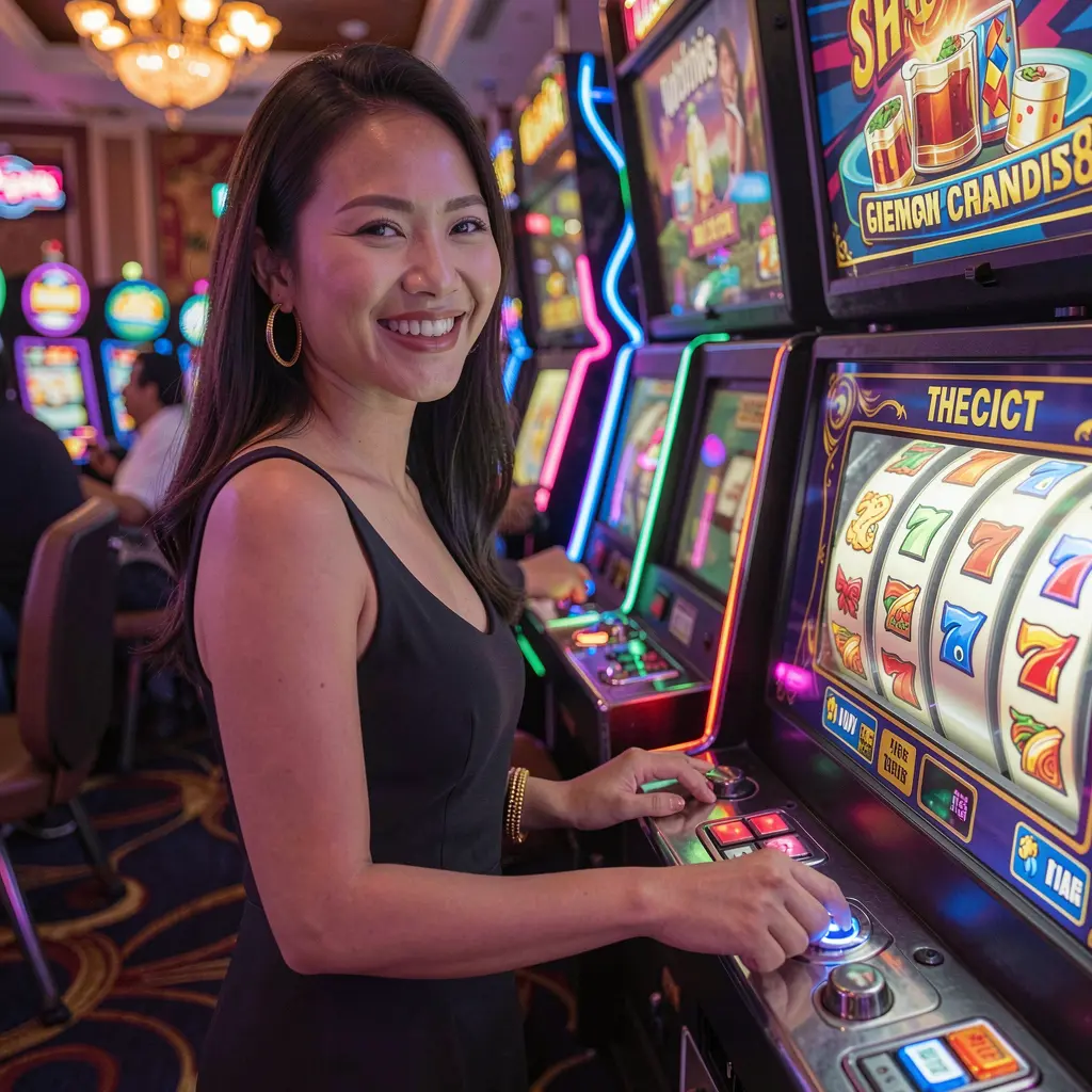 BONUSJL – Discover an exciting world of online slot games for players in the Philippines Happy Filipino woman pressing a slot machine button with glowing reels and neon lights in a modern casino atmosphere at BONUSJL